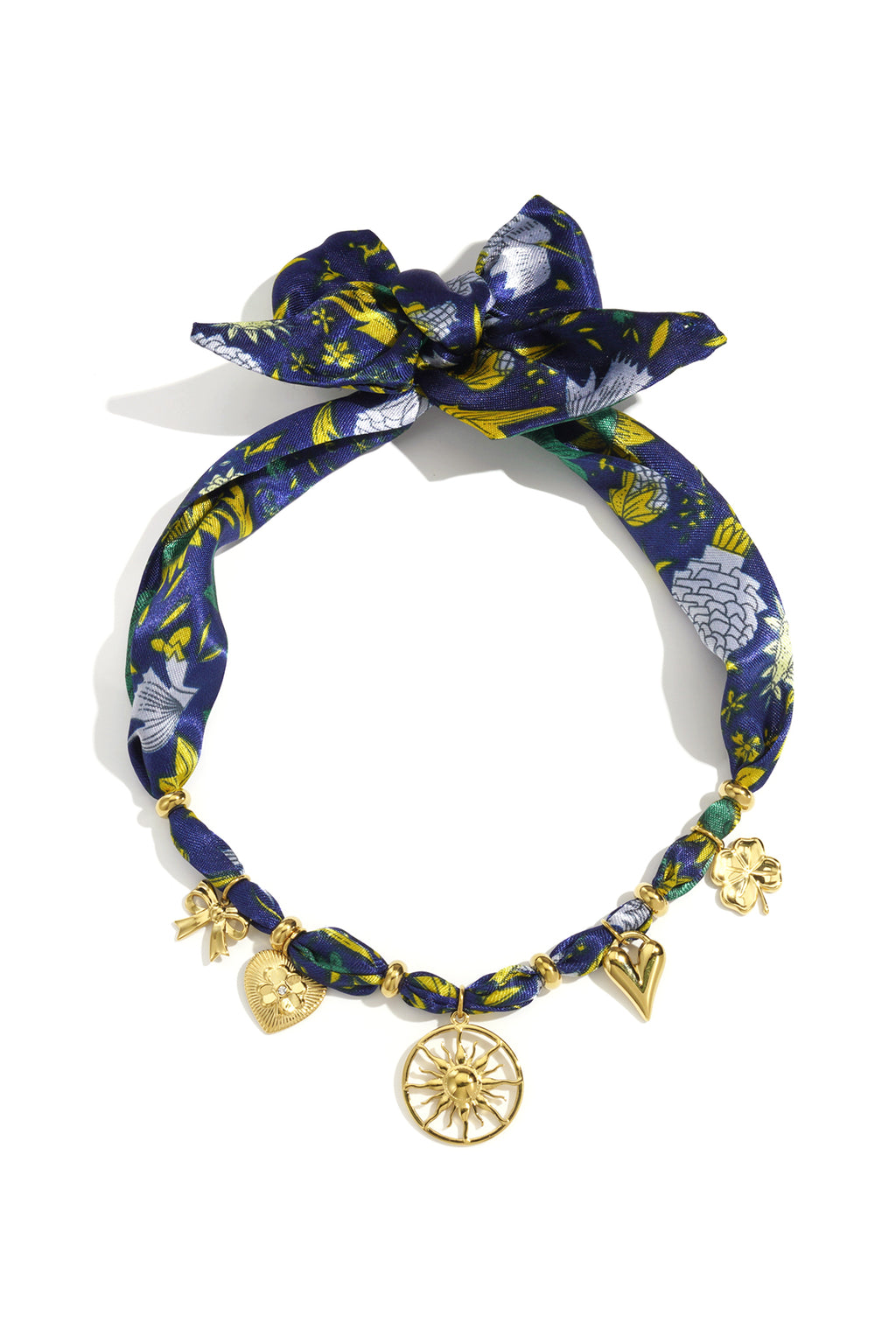 Blauwe bloemen sjaal ketting met goudkleurige zon charmes