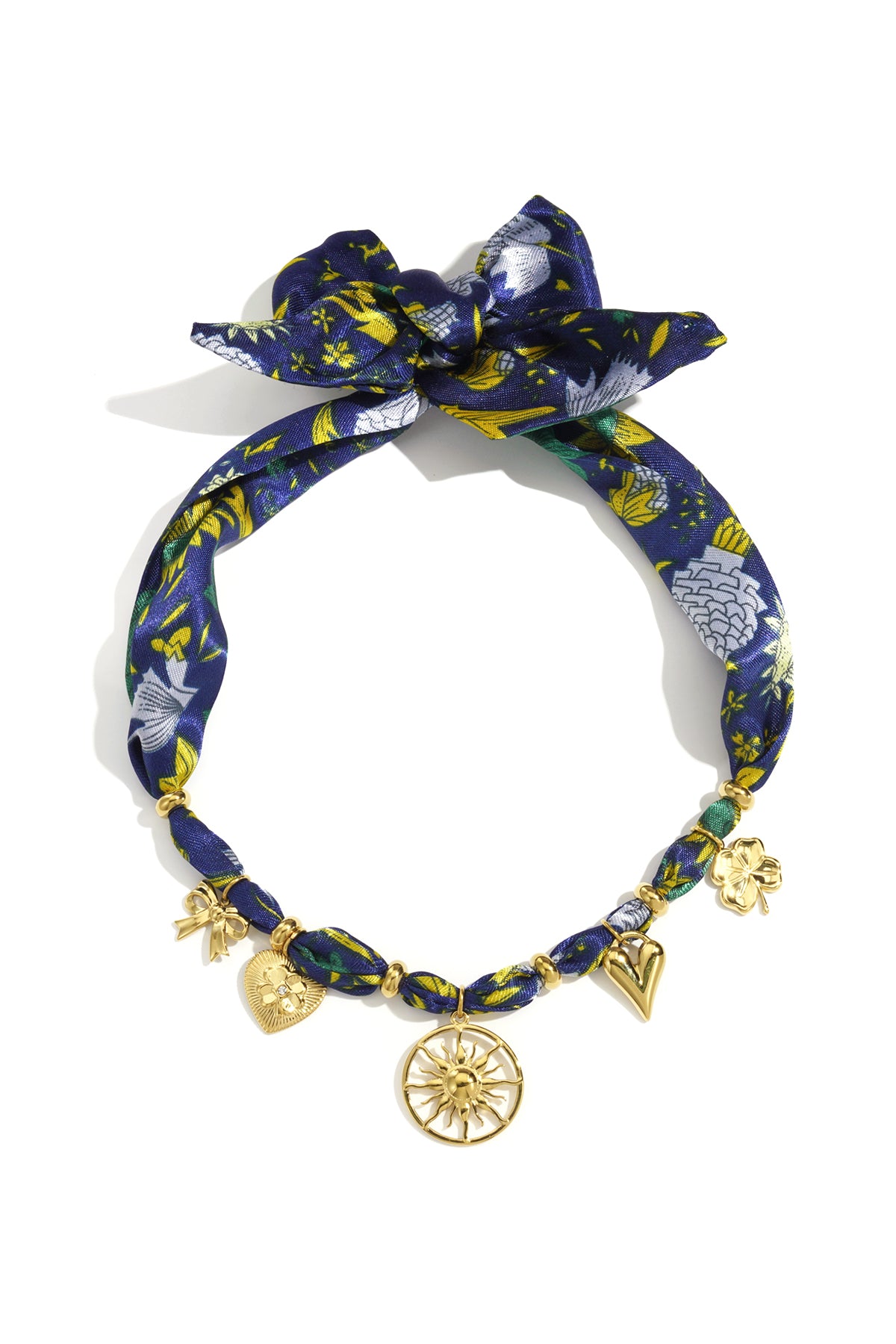 Blauwe bloemen sjaal ketting met goudkleurige zon charmes