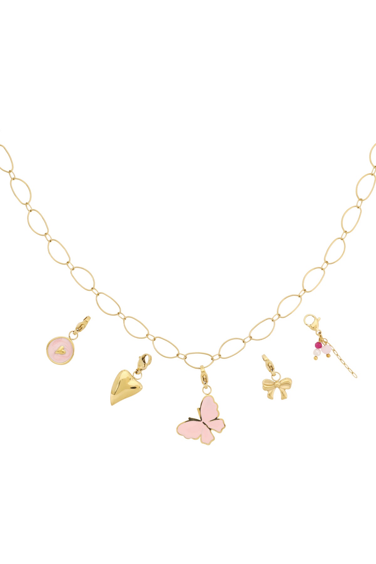 Gouden schakel ketting met roze vlinder charm en hart hangers