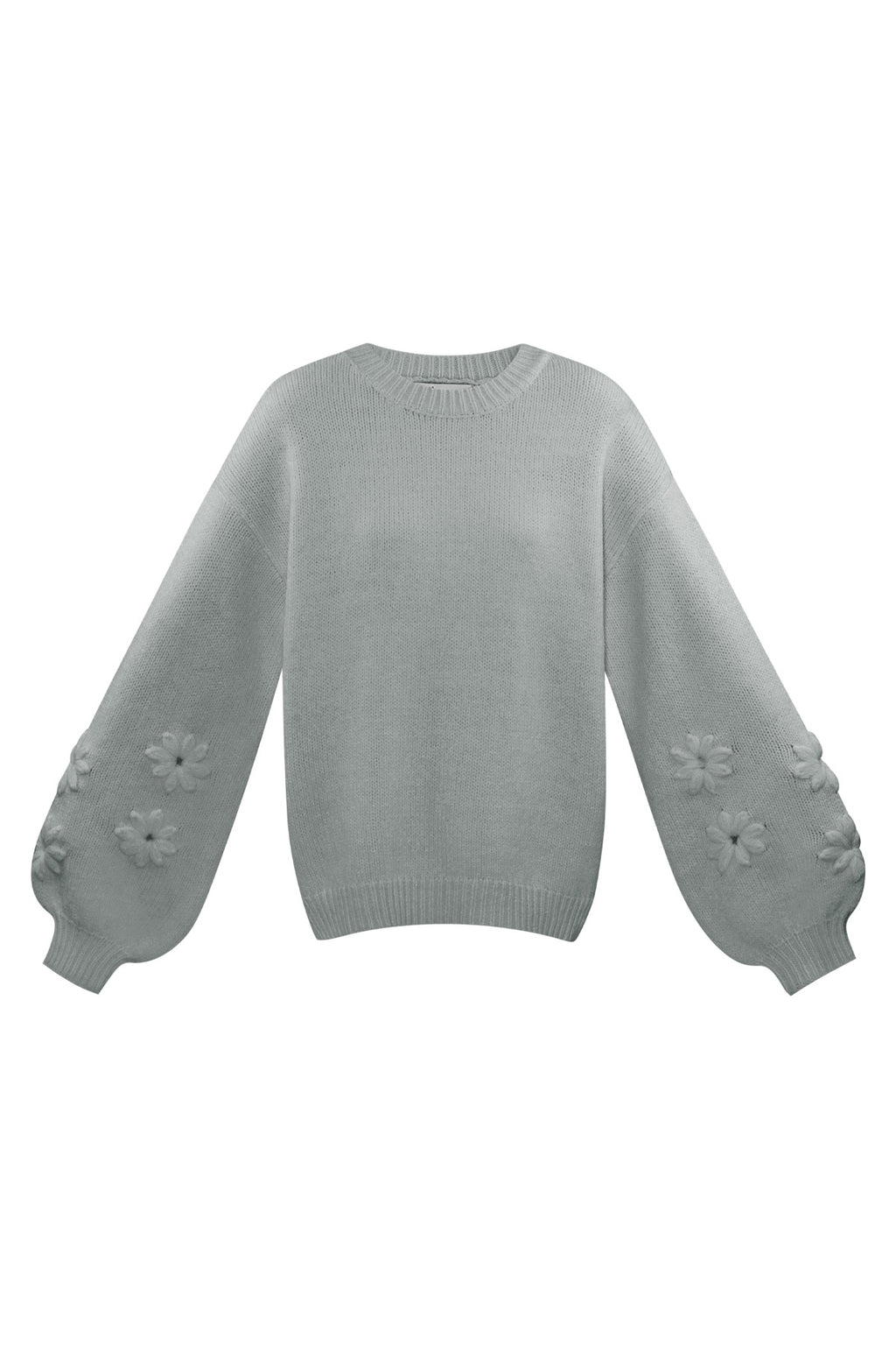 Mintgroene oversized gebreide trui met bloemen applicaties op de mouwen