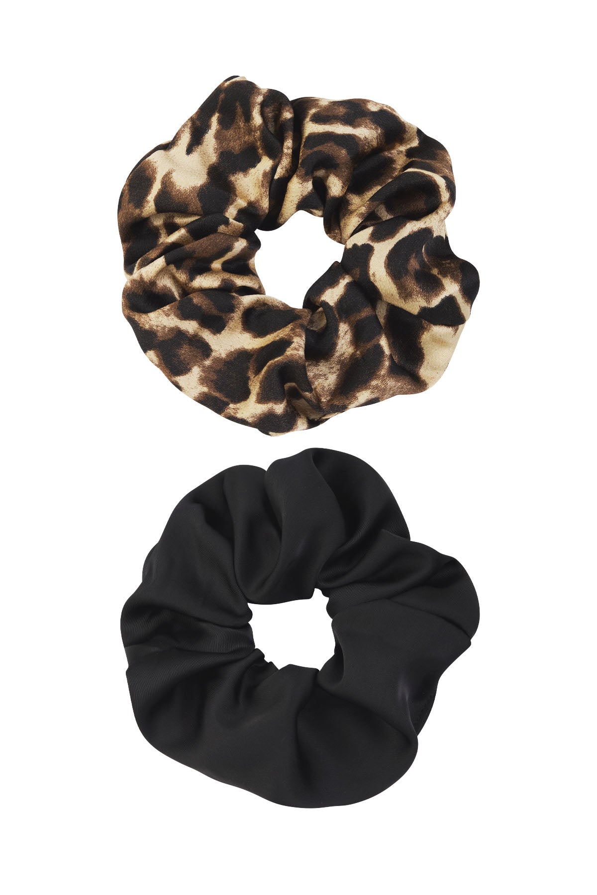 Set van twee scrunchies, één met bruin luipaardprint en één zwart van polyester