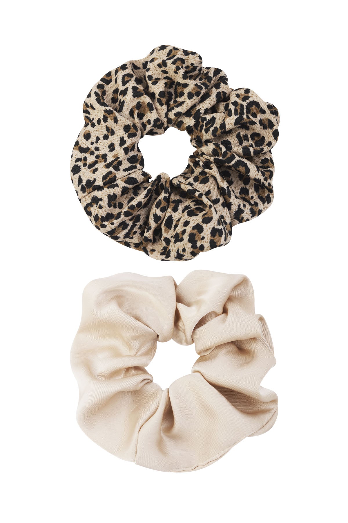 Scrunchie set met panterprint en beige polyester haarelastiek