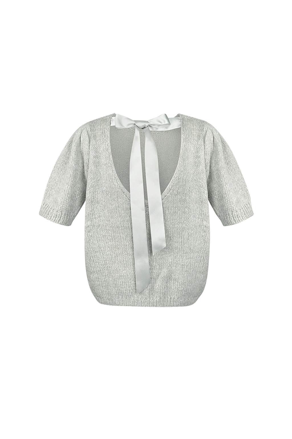 Grijze gebreide nylon top met open rug en wit strikdetail