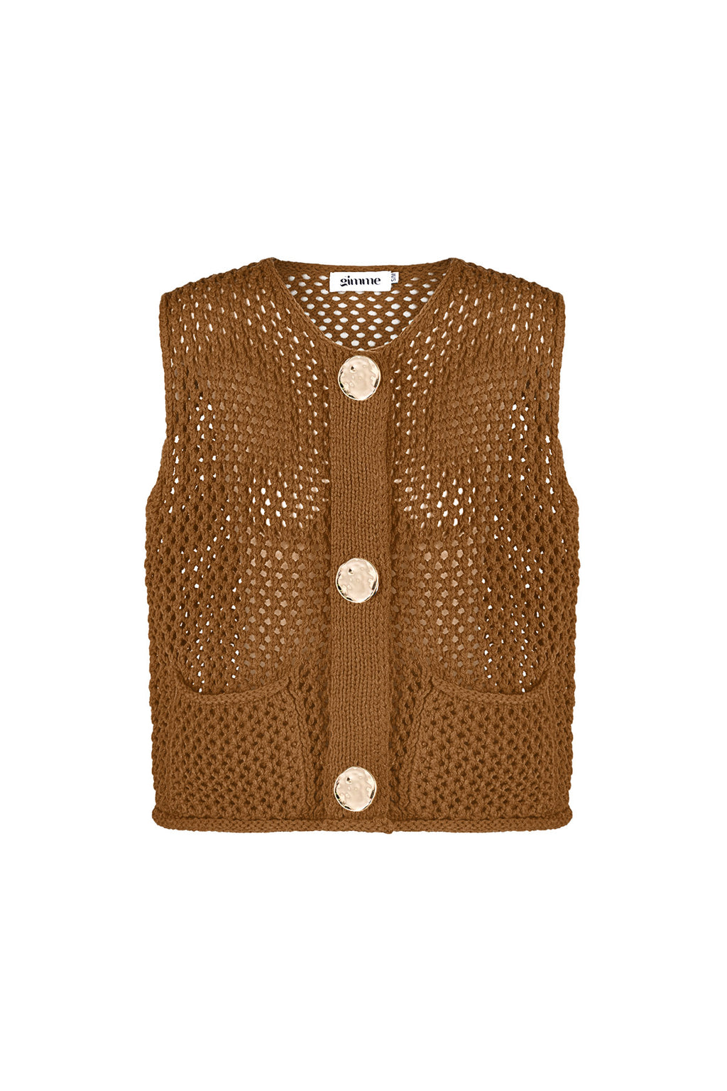 Bruin polyester spencer vest met gehaakte openwork patroon en drie knoppen