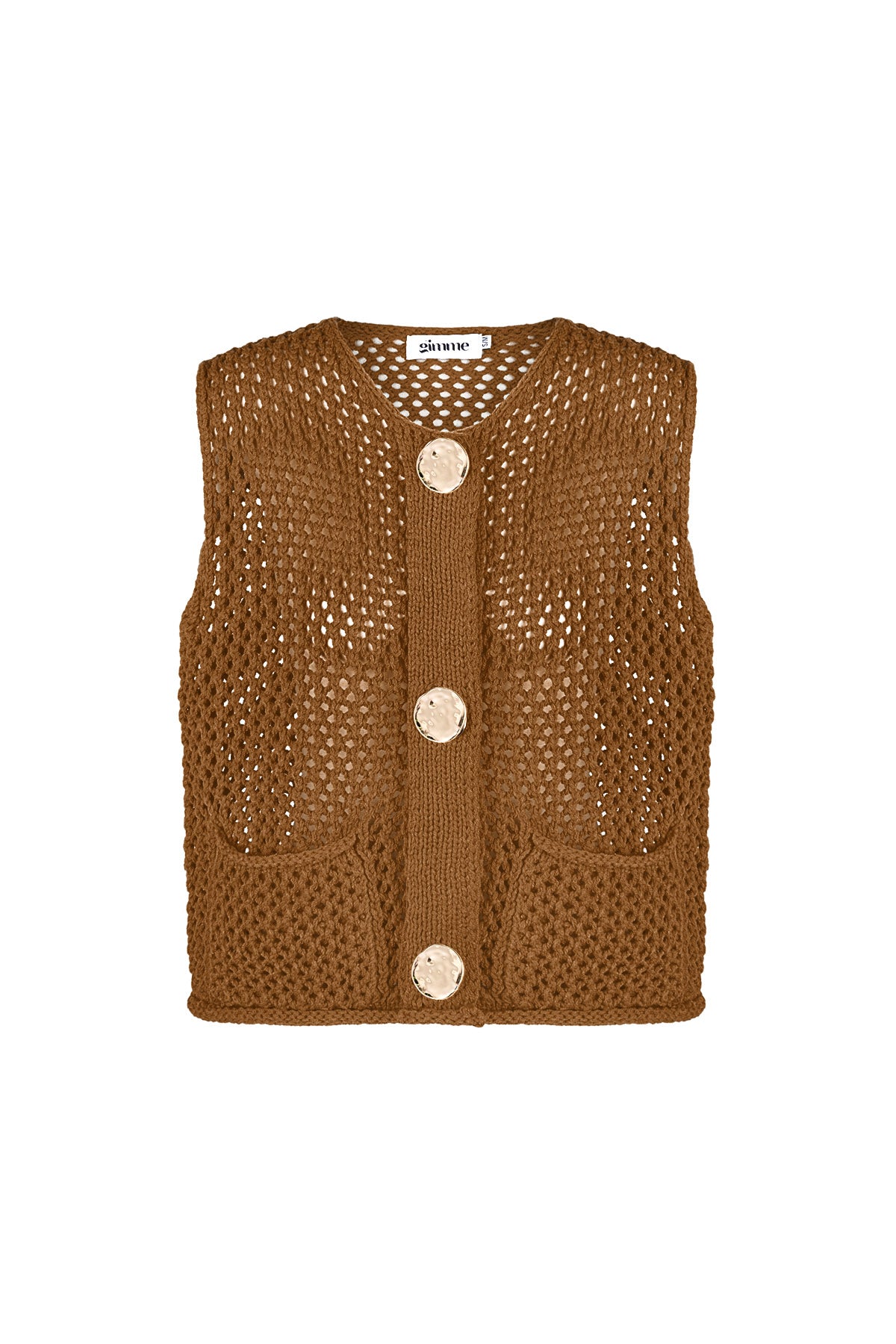 Bruin polyester spencer vest met gehaakte openwork patroon en drie knoppen