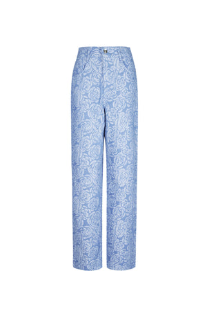 Lichtblauwe katoenen broek met witte bloemenprint