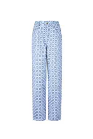 Lichtblauwe katoenen broek met wit geometrisch patroon