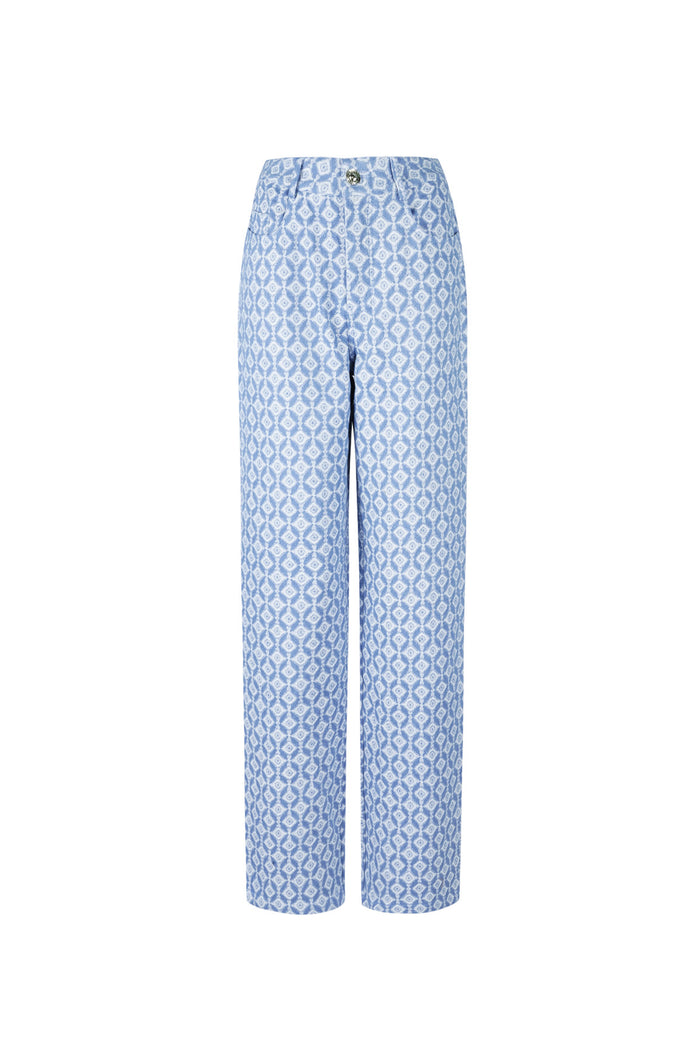 Lichtblauwe katoenen broek met wit geometrisch patroon