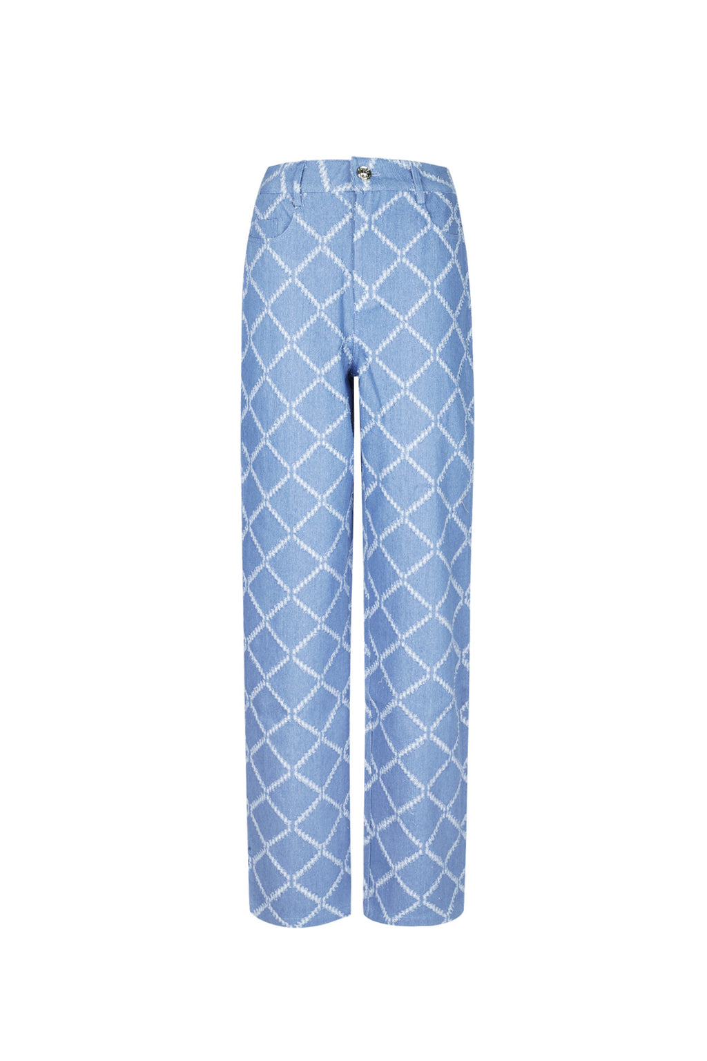 Lichtblauwe katoenen broek met wit ruitpatroon