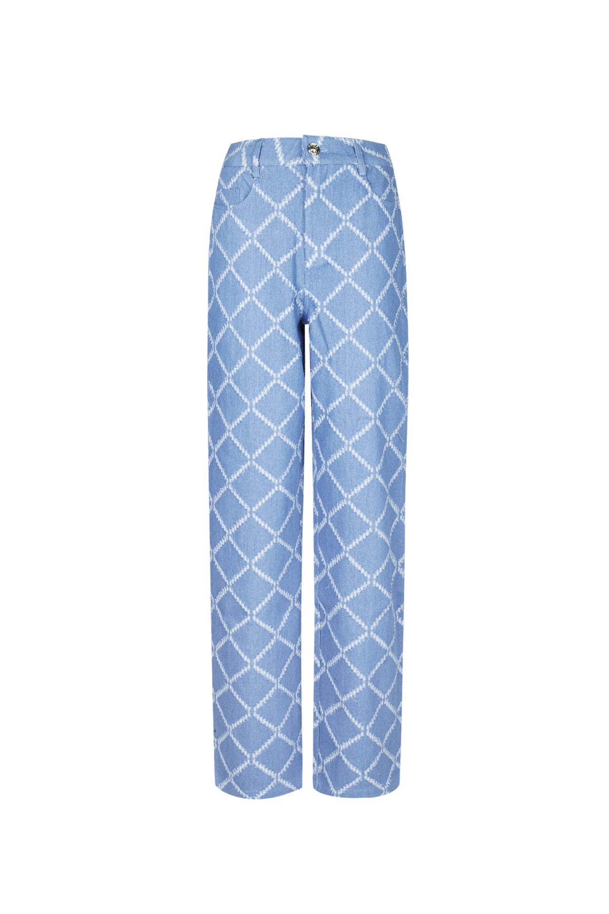 Lichtblauwe katoenen broek met wit ruitpatroon