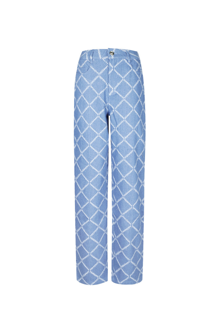 Lichtblauwe katoenen broek met wit ruitpatroon