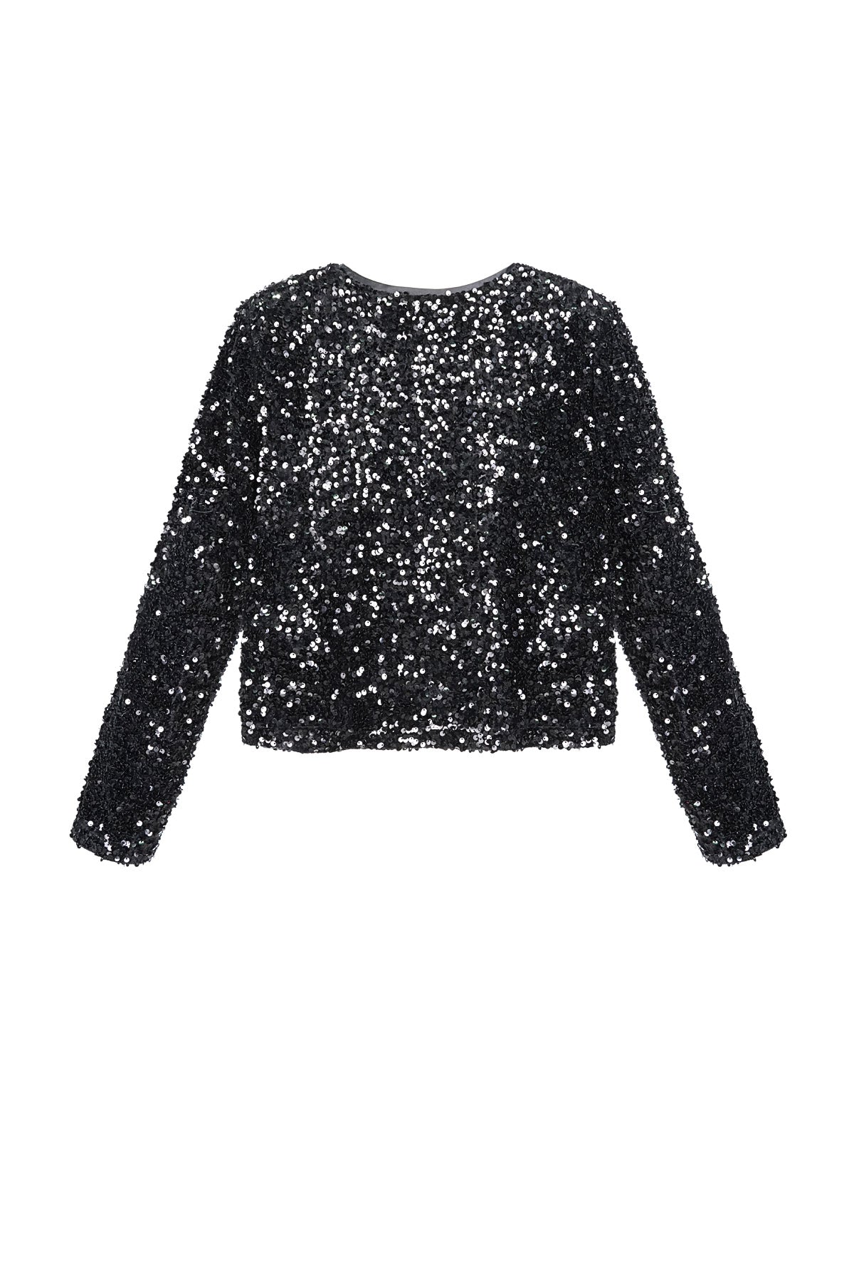 Zwarte crop top met lange mouwen volledig bedekt met kleine sequins