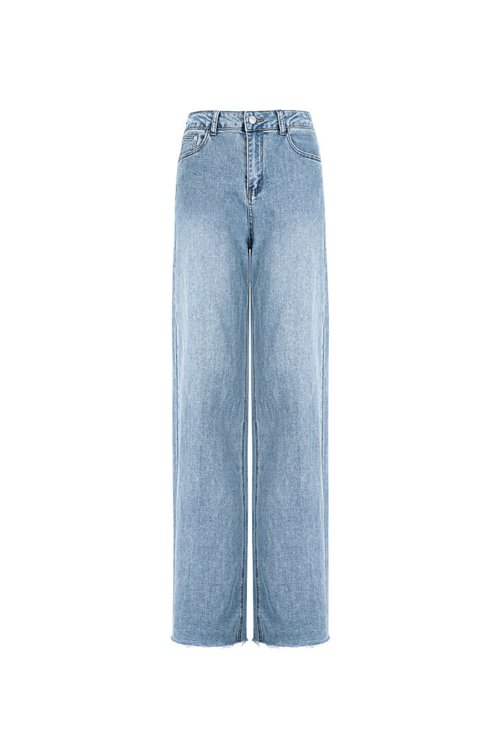 Lichtblauwe straight leg jeans van katoen met hoge taille