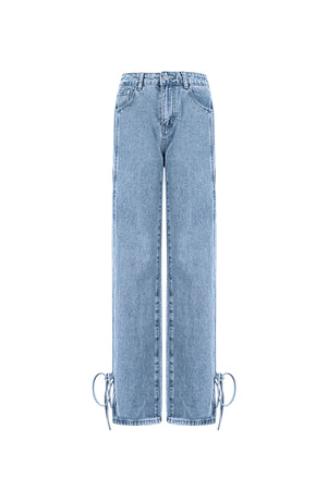 Blauwe rechte jeans met strik details aan de onderkant van de pijpen