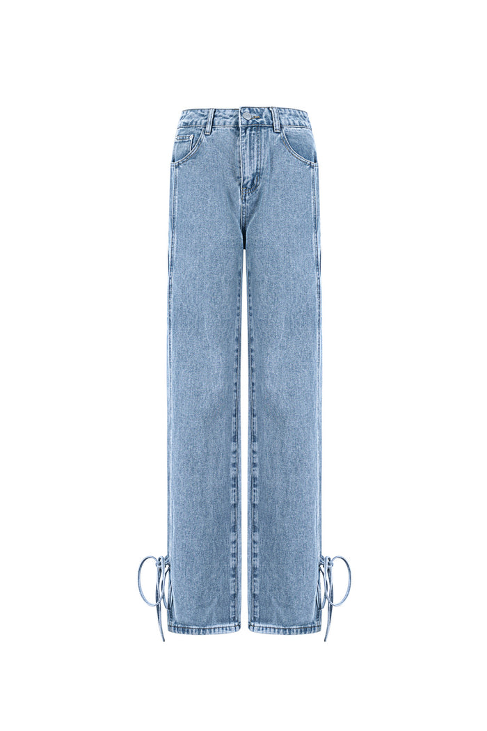 Blauwe rechte jeans met strik details aan de onderkant van de pijpen