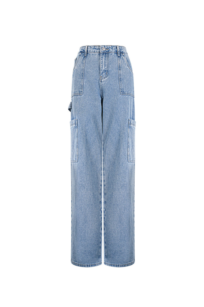 Middenblauwe cargo jeans van katoen met zijzakken en straight leg pasvorm
