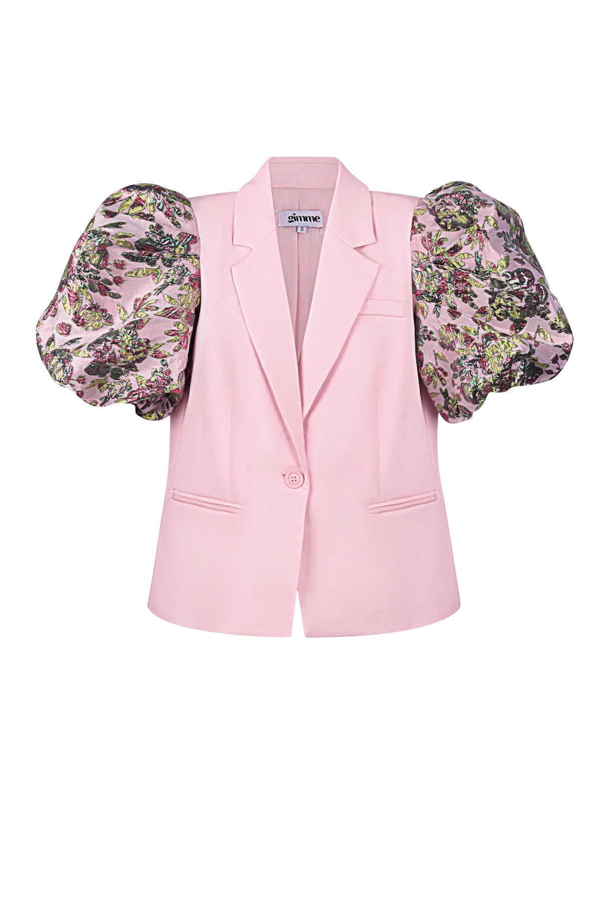 Roze blazer met bloemenprint pofmouwen en tailleband