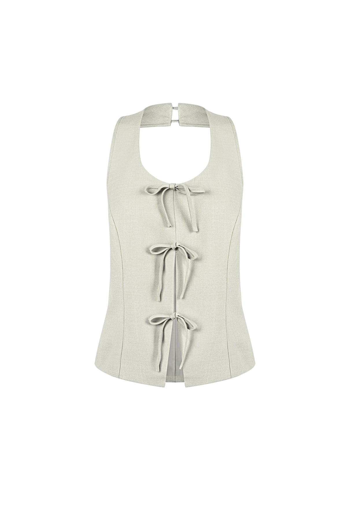 Beige haltertop met drie strikdetails en corset silhouet