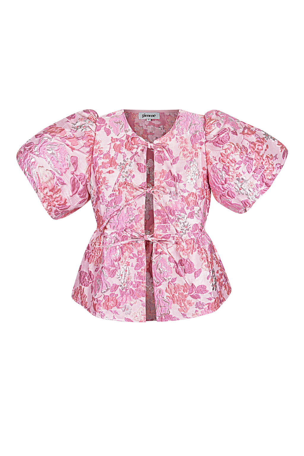 Roze blouse met bloemen print, pofmouwen en ceintuur