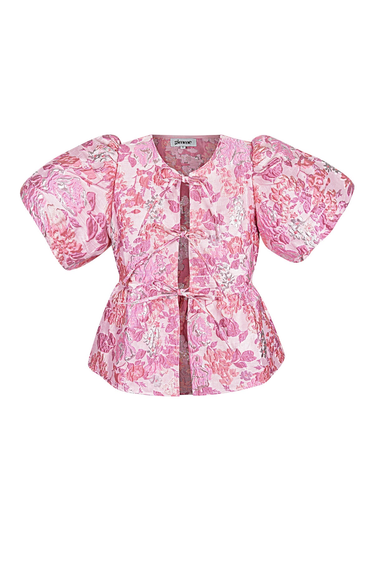 Roze blouse met bloemen print, pofmouwen en ceintuur
