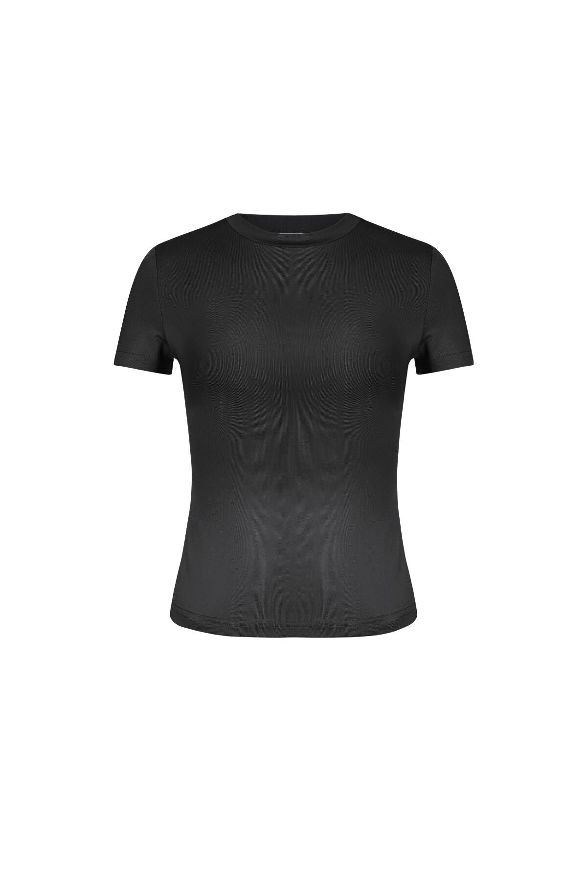 Zwart nauwsluitend shirt met korte mouwen van polyester