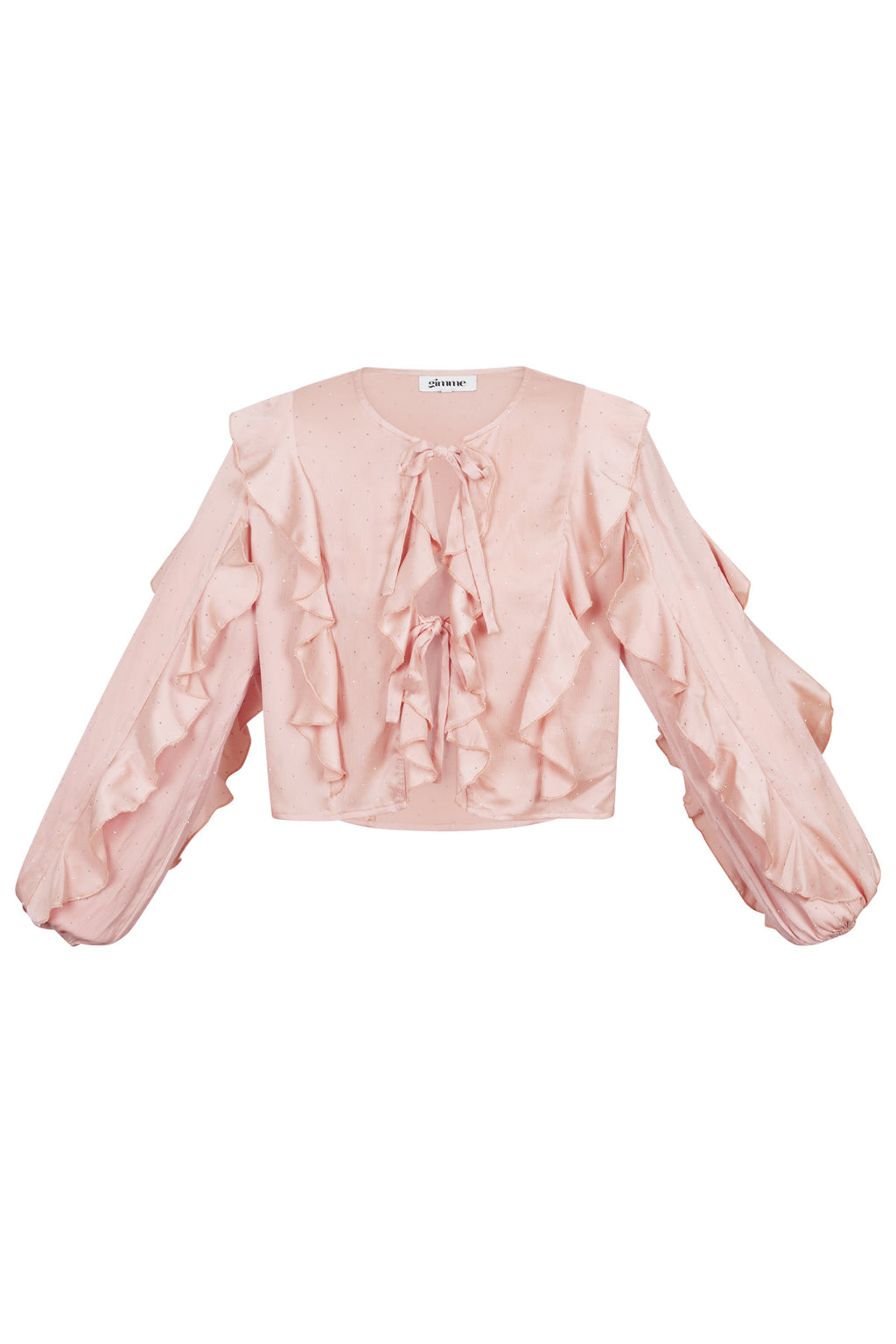 Roze polyester top met ruffle details en strikjes aan de voorkant, lange mouwen