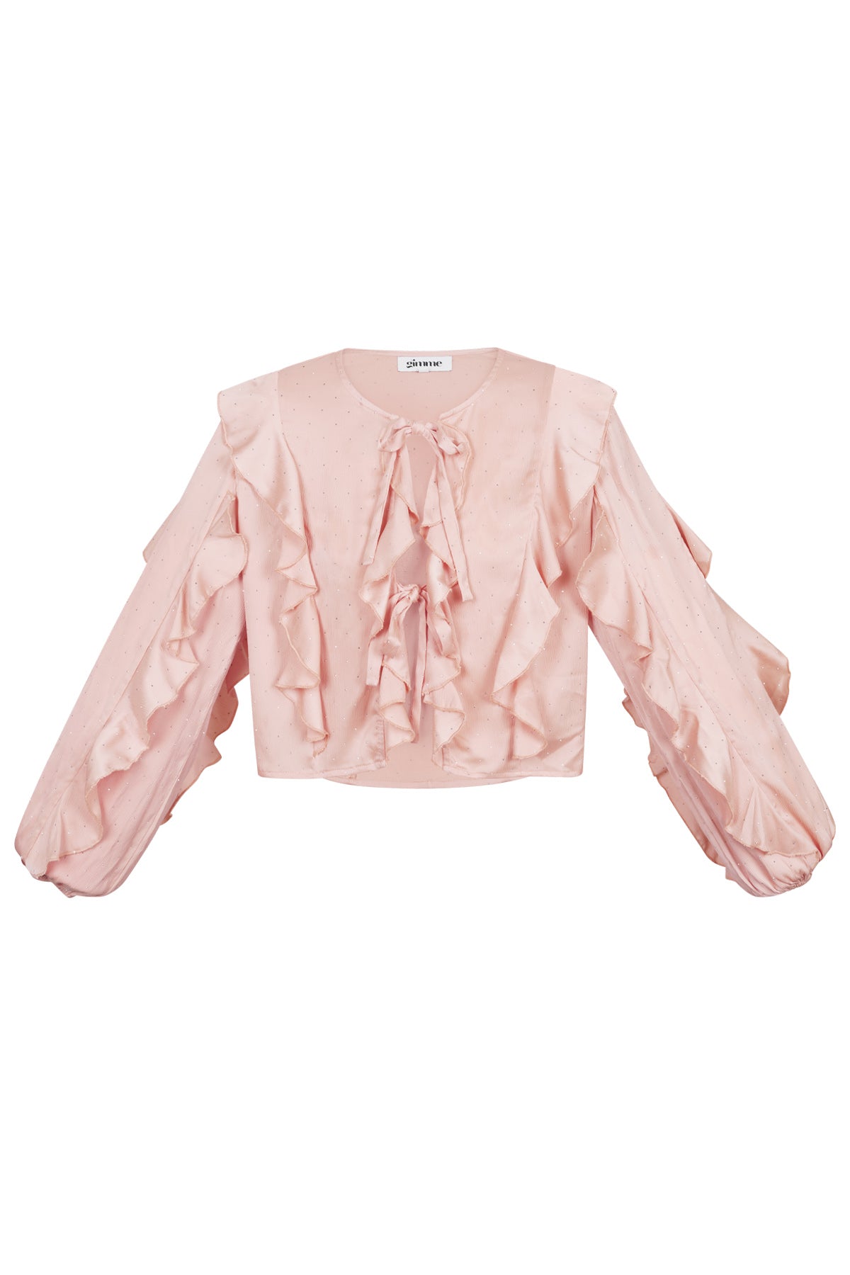 Roze polyester top met ruffle details en strikjes aan de voorkant, lange mouwen