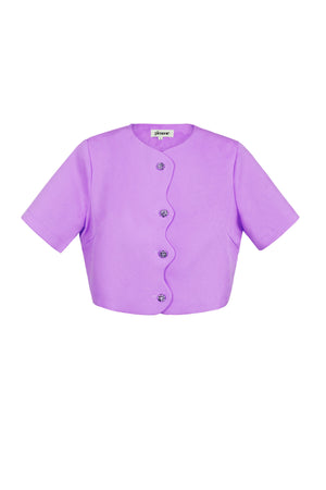 Paarse polyester crop cardigan met ronde hals en contrasterende knopen