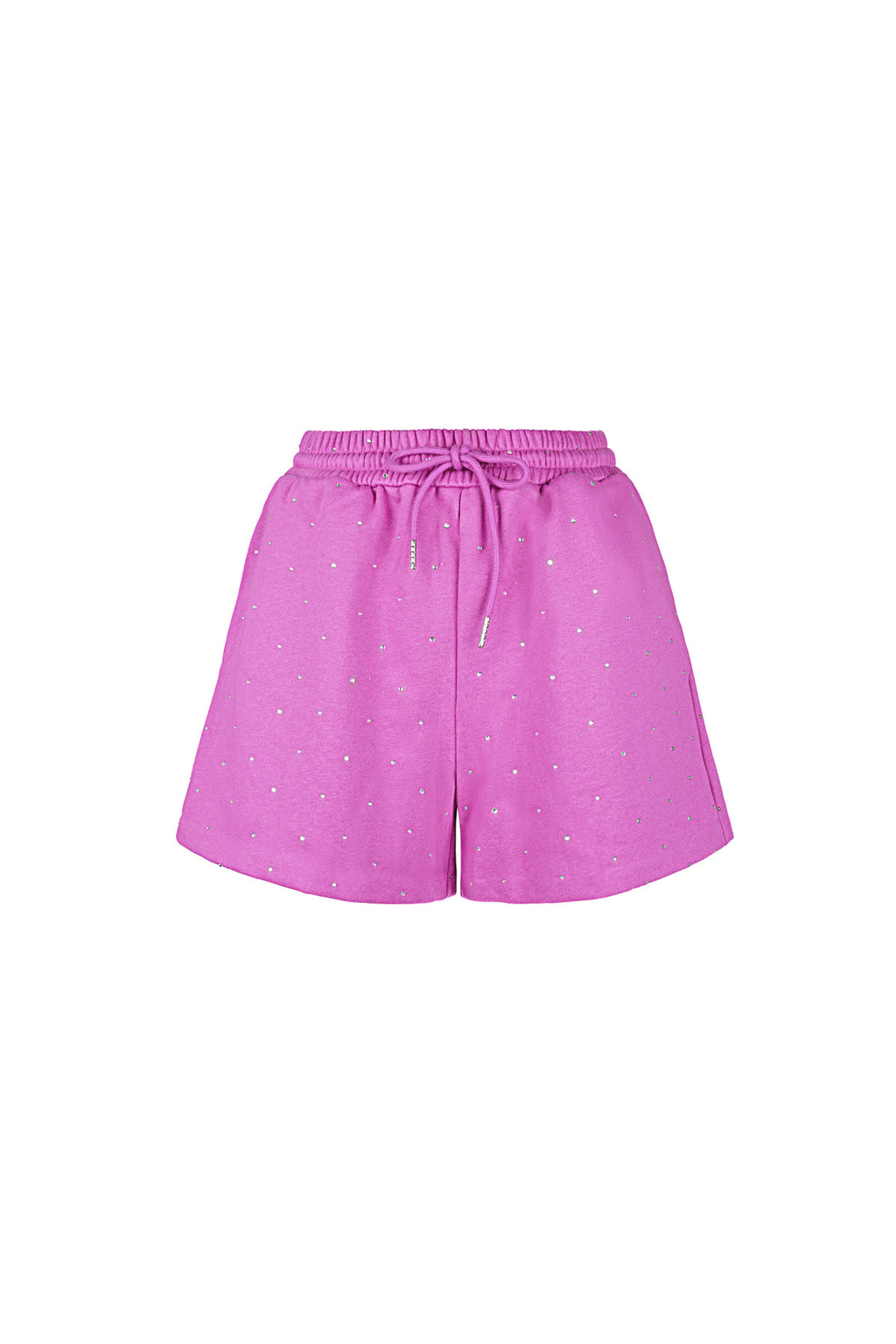 Paarse katoenen short met witte stippen en trekkoord tailleband
