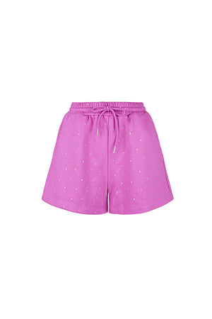 Paarse katoenen short met witte stippen en trekkoord tailleband