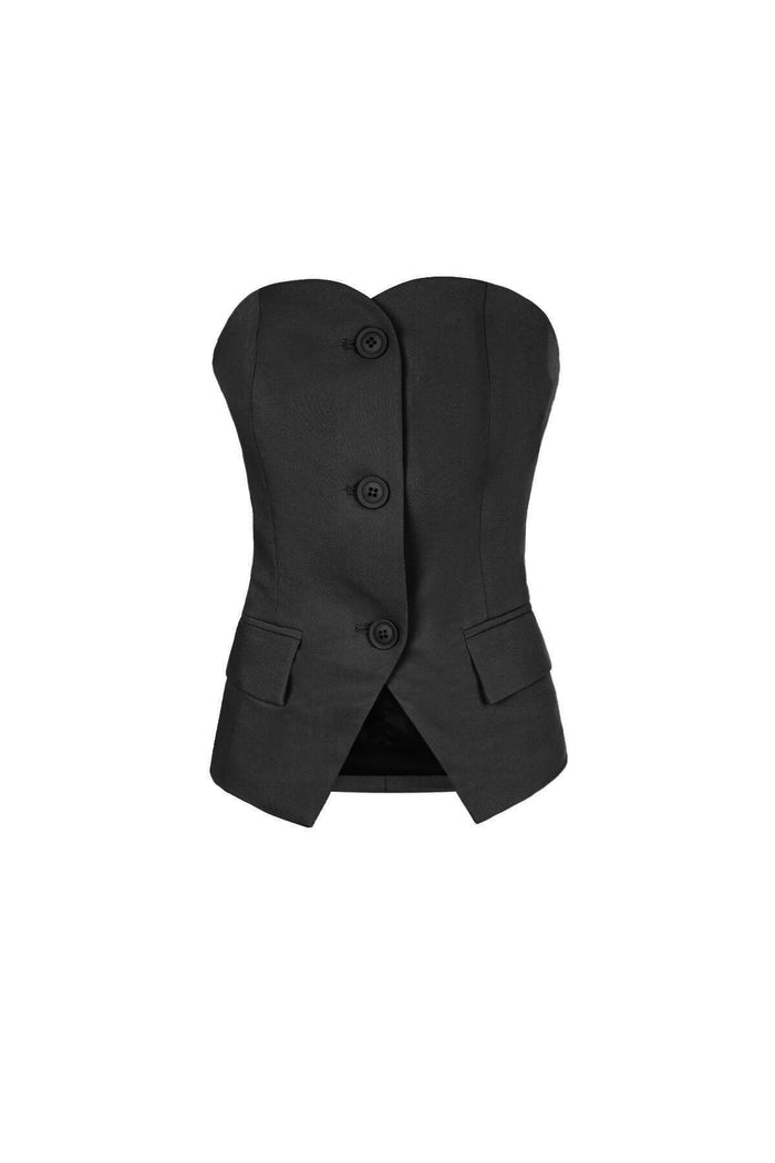 Zwart polyester strapless vest met grote knopen en steekzakken