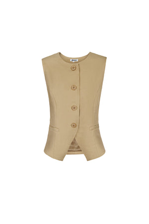 Beige polyester mouwloos gilet met knopenrij en V-halslijn