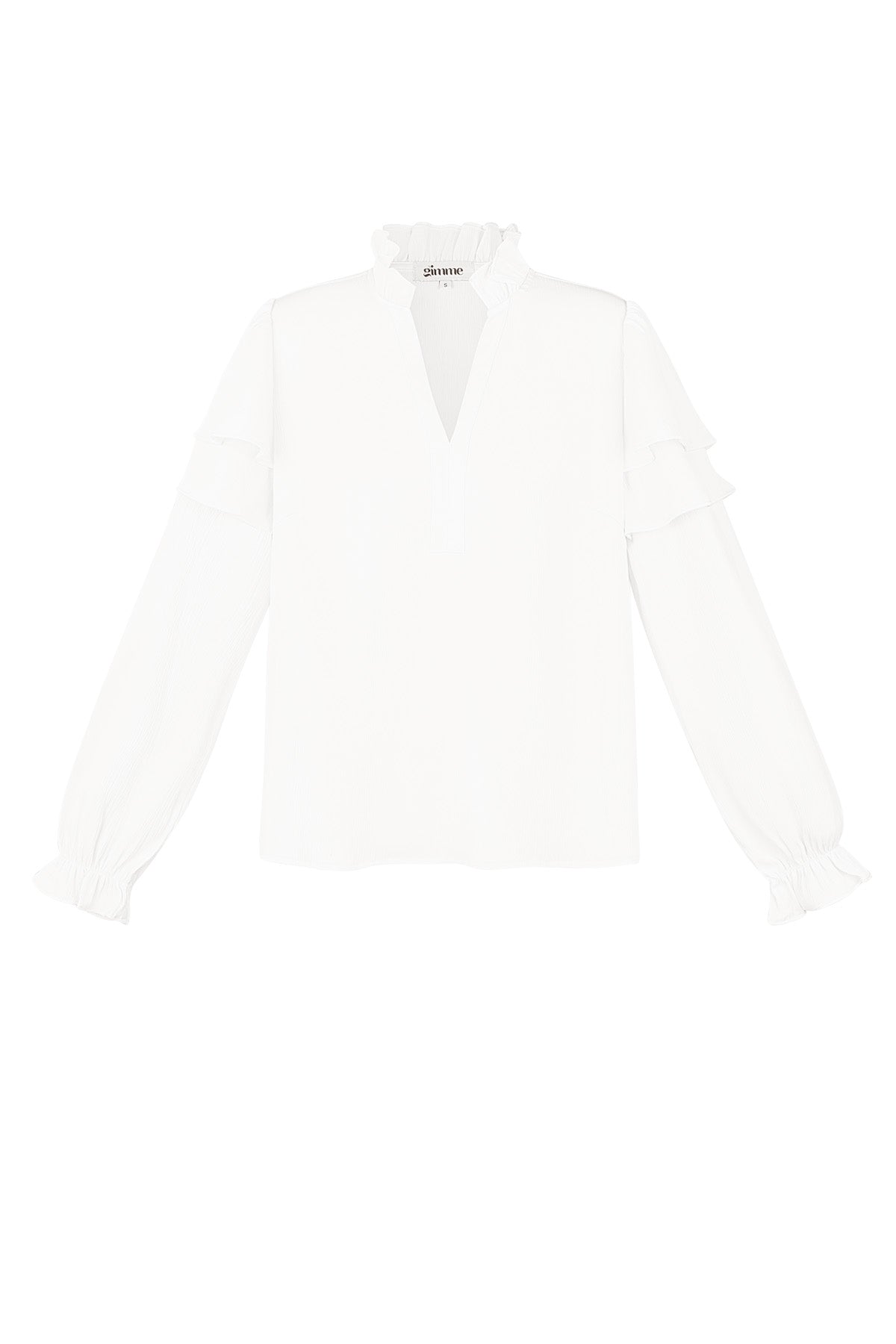 Witte lange mouw top met ruffle details aan de V-halslijn