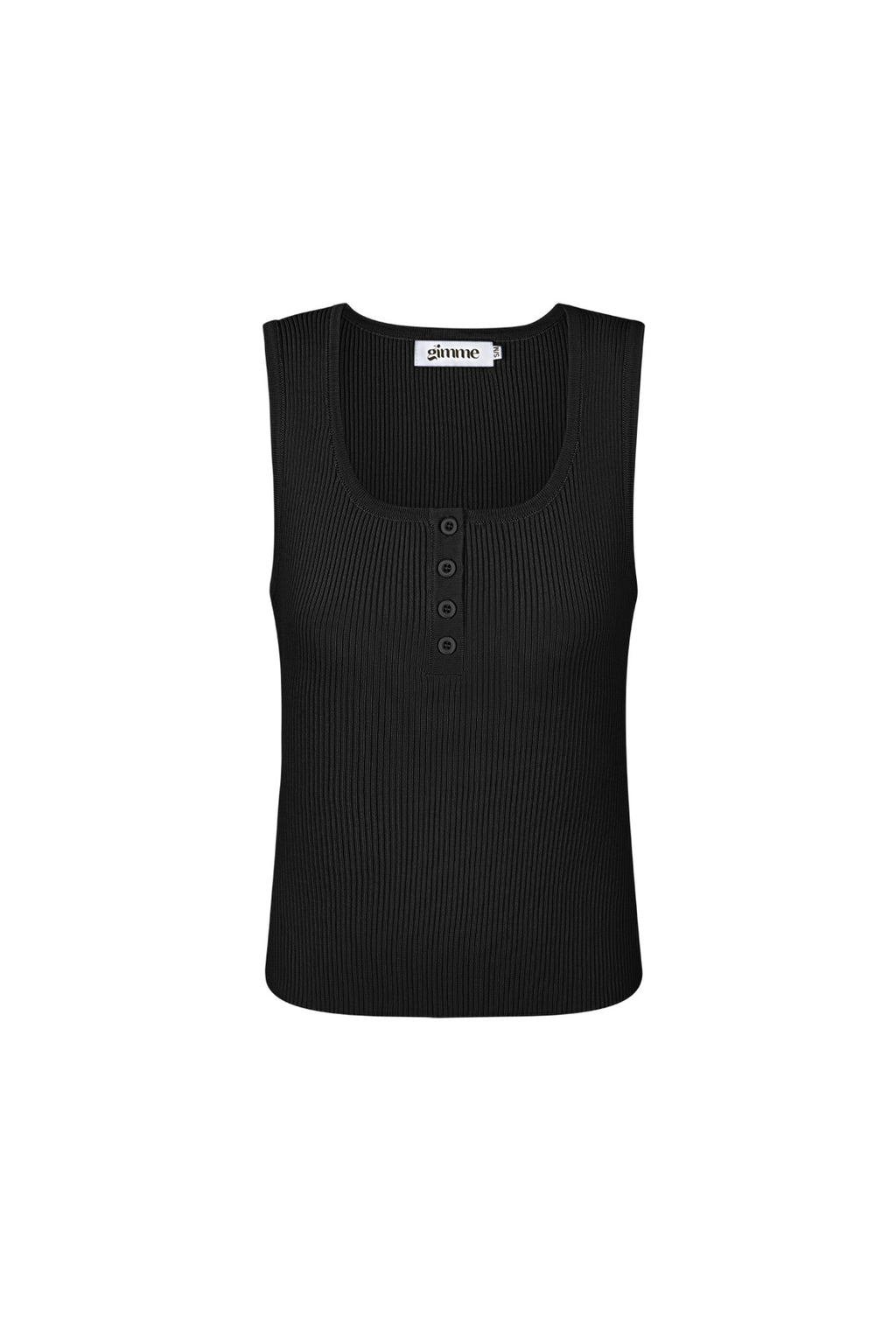 Zwarte mouwloze ribbed top met vier kleine knoopjes vooraan