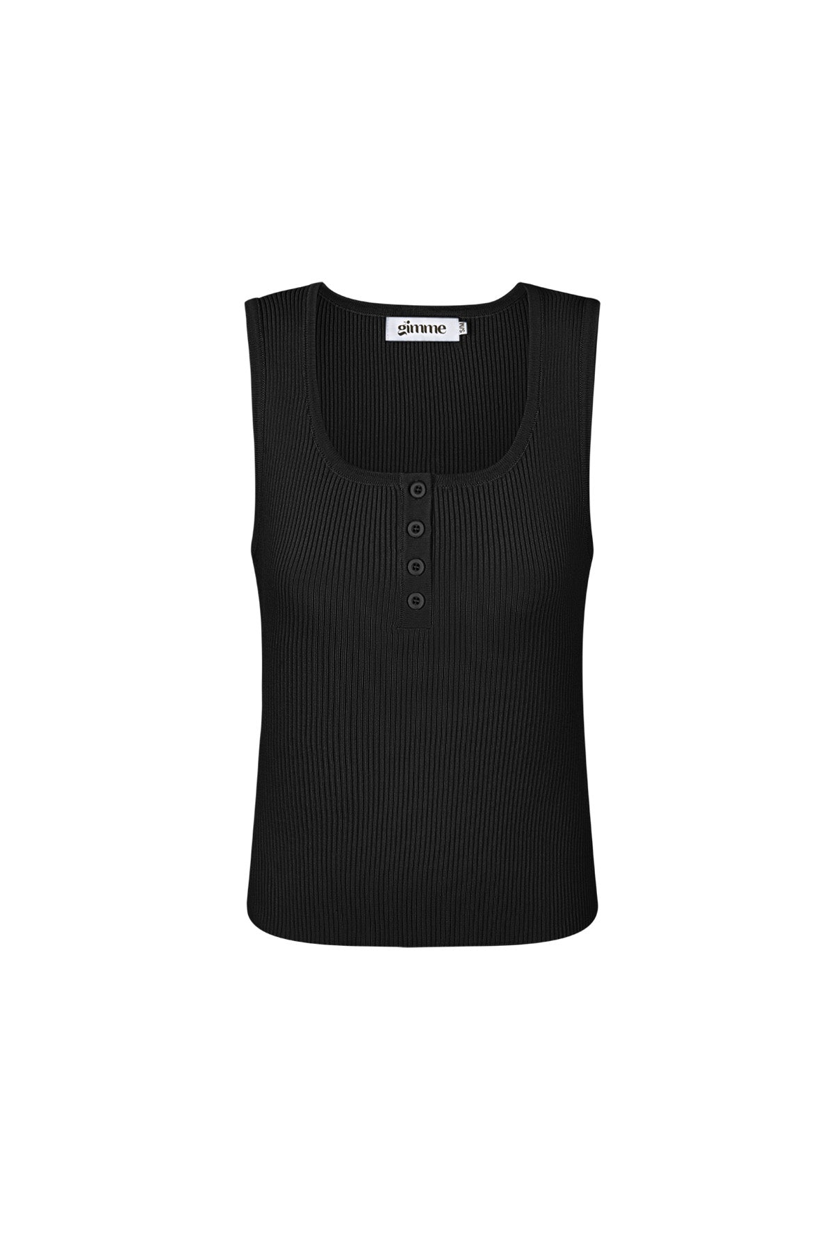 Zwarte mouwloze ribbed top met vier kleine knoopjes vooraan