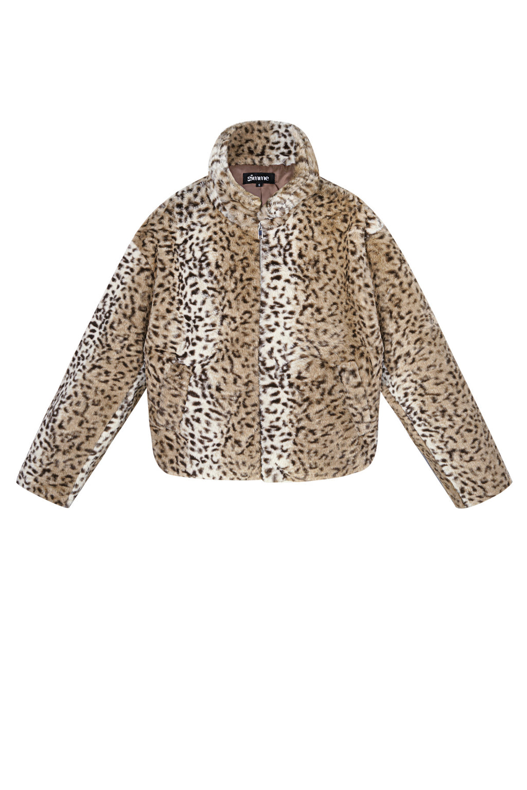 Beige polyester teddy jacket met luipaard print en ritssluiting