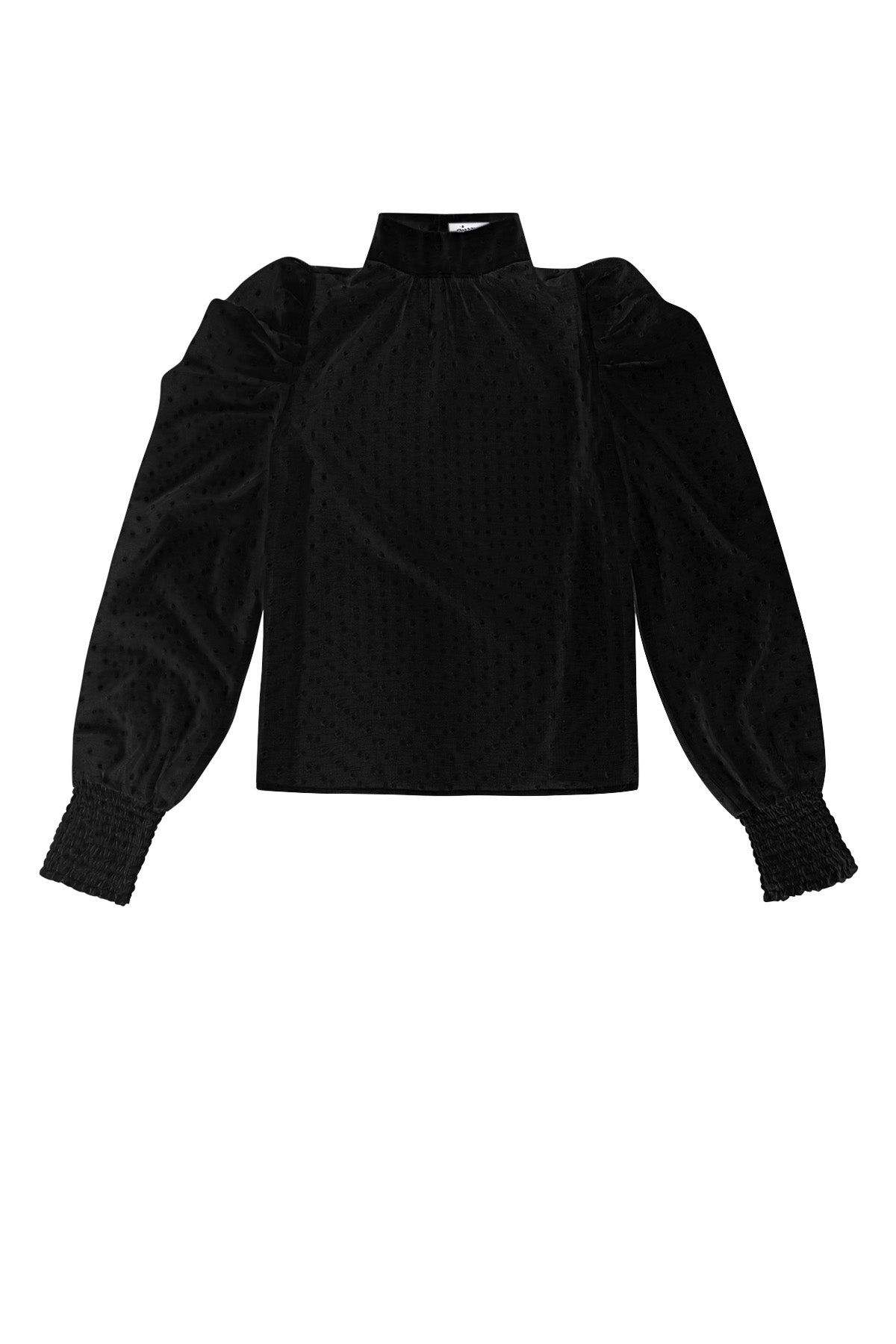Zwarte polyester blouse pofmouwen hoge kraag elegant