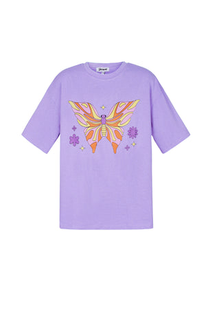 Lila oversized katoenen t-shirt met grote vlinder print op de voorkant