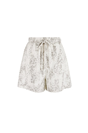Beige katoenen short met wit gespikkeld patroon en elastische tailleband