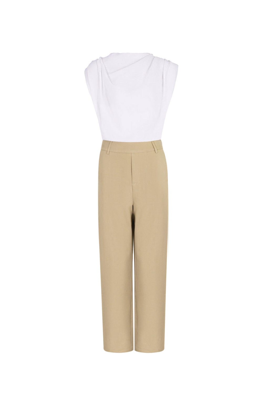 Beige en wit katoenmix jumpsuit met wijde pijpen en mouwloos bovenstuk