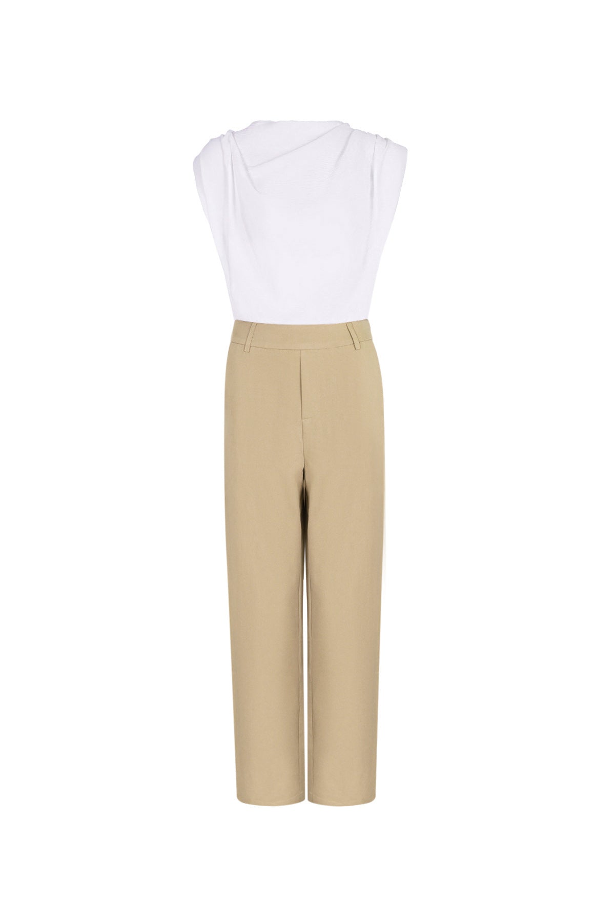 Beige en wit katoenmix jumpsuit met wijde pijpen en mouwloos bovenstuk