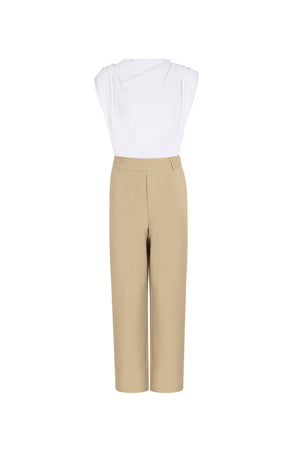 Beige en wit katoenmix jumpsuit met wijde pijpen en mouwloos bovenstuk