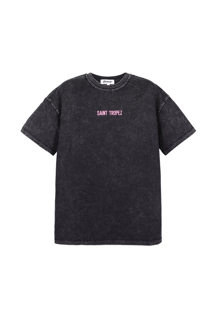Antraciet katoenen T-shirt met roze Saint Tropez print en vintage stonewashed effect