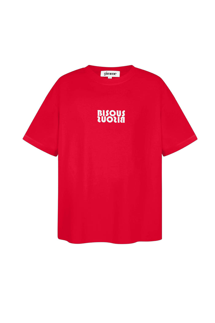 Rood oversized katoenen T-shirt met witte Bisous World logoprint