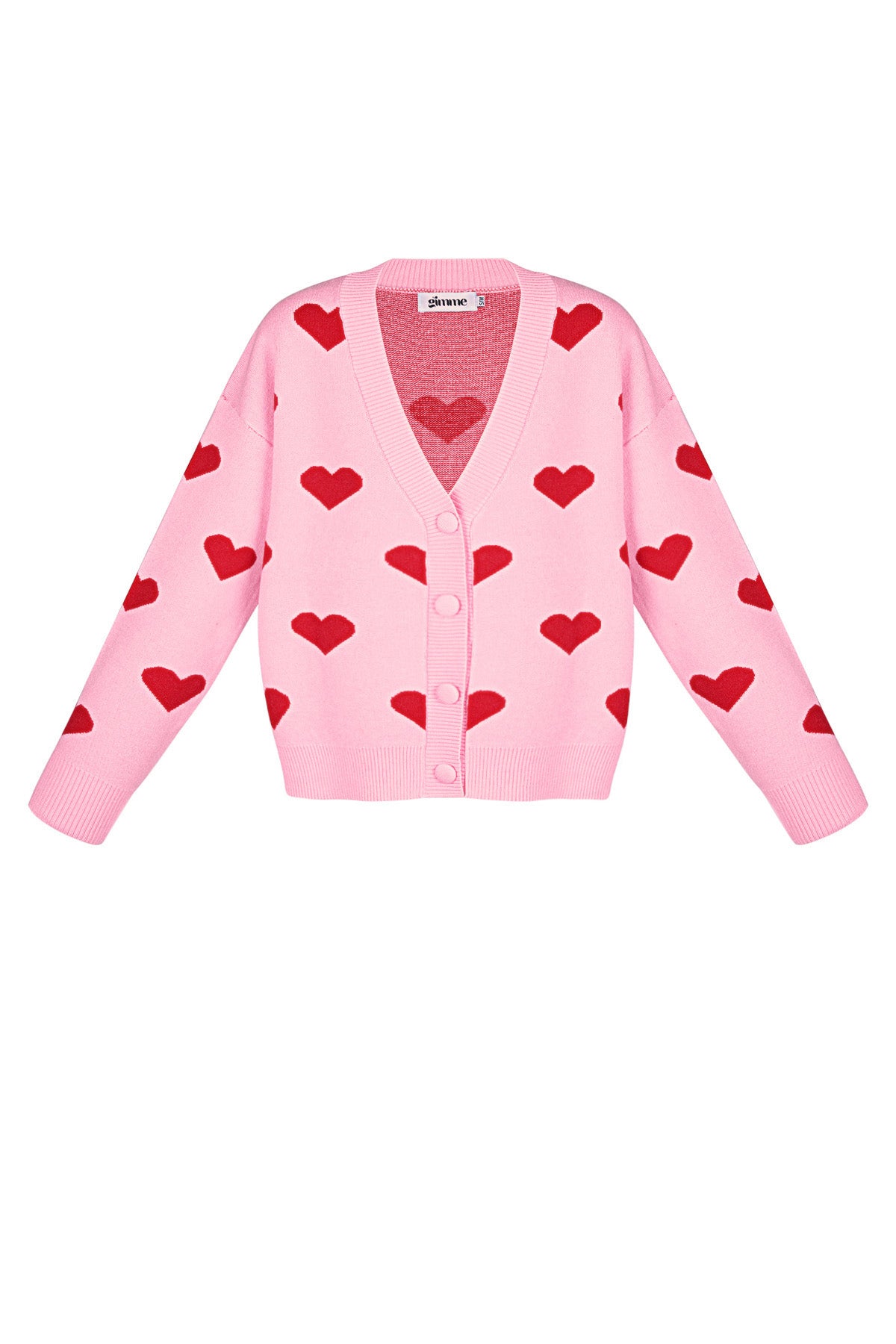 Roze viscose cardigan met rode hartjes print en knoopsluiting