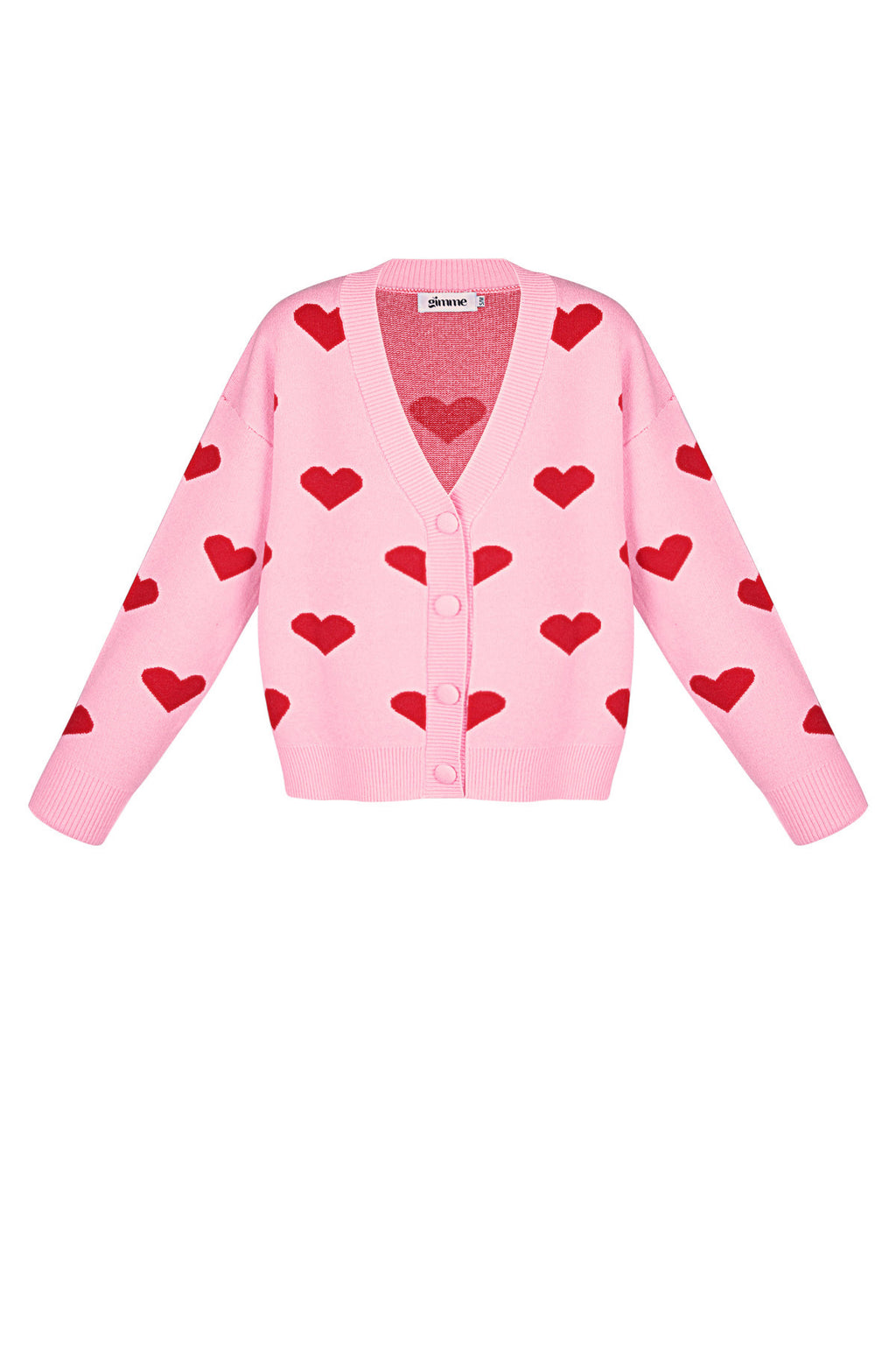Roze viscose cardigan met rode hartenprint en knoopsluiting