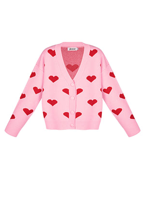 Roze viscose cardigan met rode hartenprint en knoopsluiting