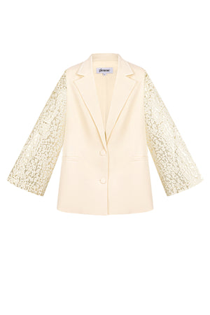 Creme polyester blazer met witte kanten mouwen en klassieke revers