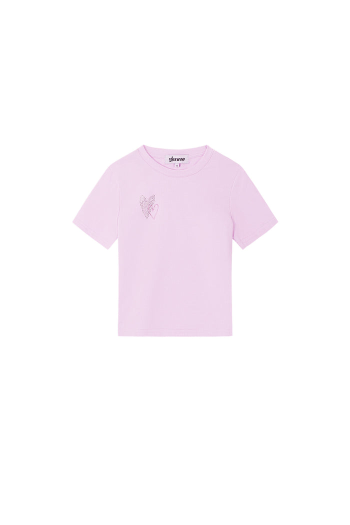Lila katoenen T-shirt met geborduurd hart detail op de borst