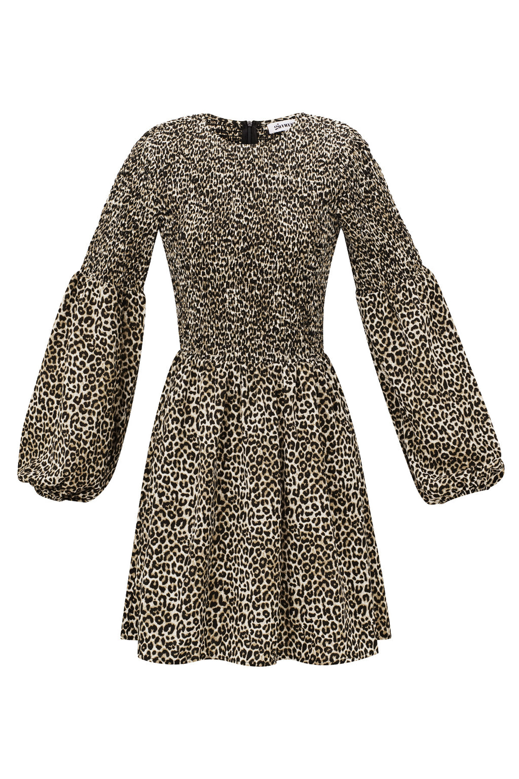 Bruine mini jurk met luipaard print en lange pofmouwen van polyester